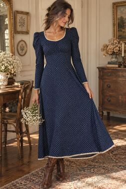 Vintage Sue Brett Junior Dress Navy Blue Polka Dot Lace Trim Puff Sleeve Dress